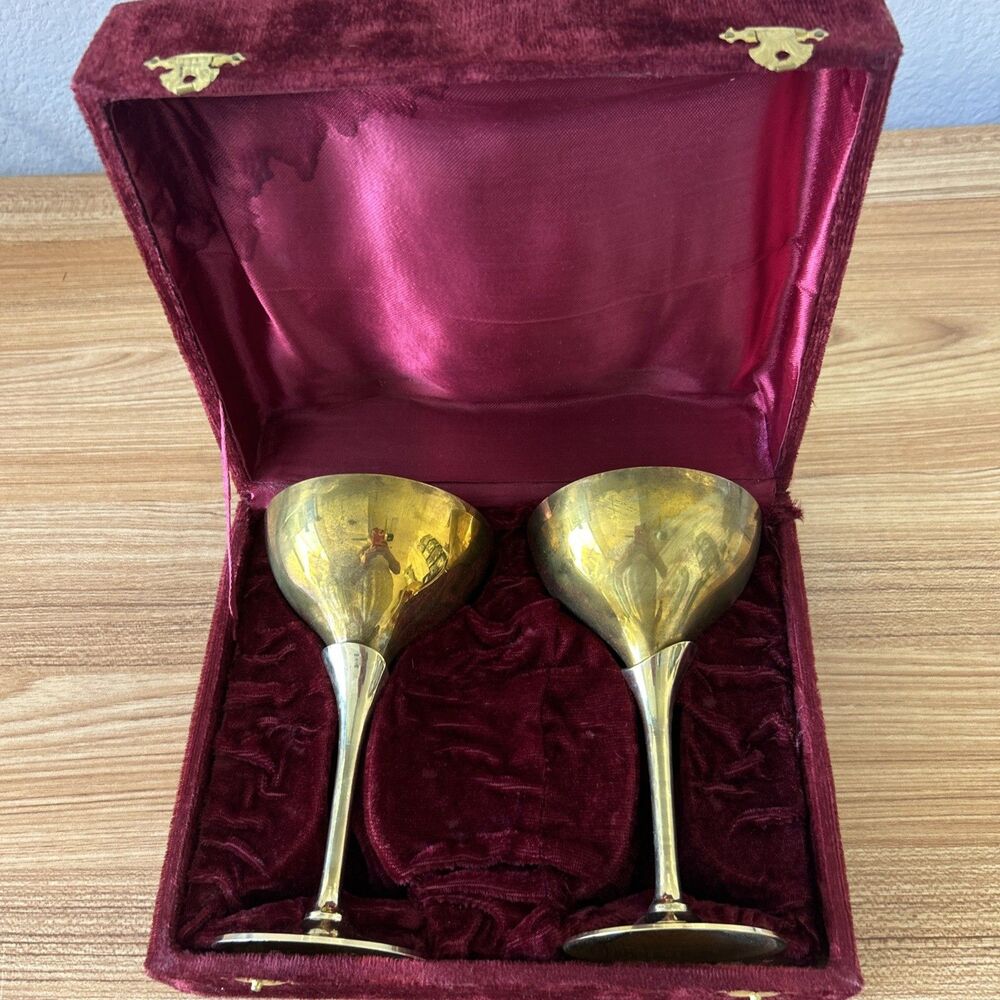 Vintage Brass Wine Glasses In  Burgundy Velvet Case